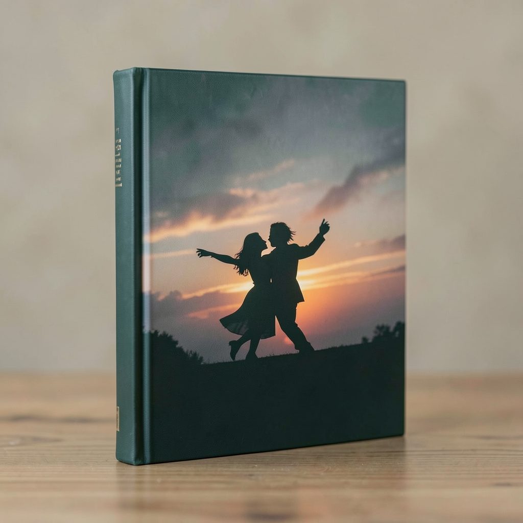 Тёмно-зелёная книжная обложка с силуэтами танцующей пары на фоне мягкого закатного неба, атмосфера романтики и ностальгии